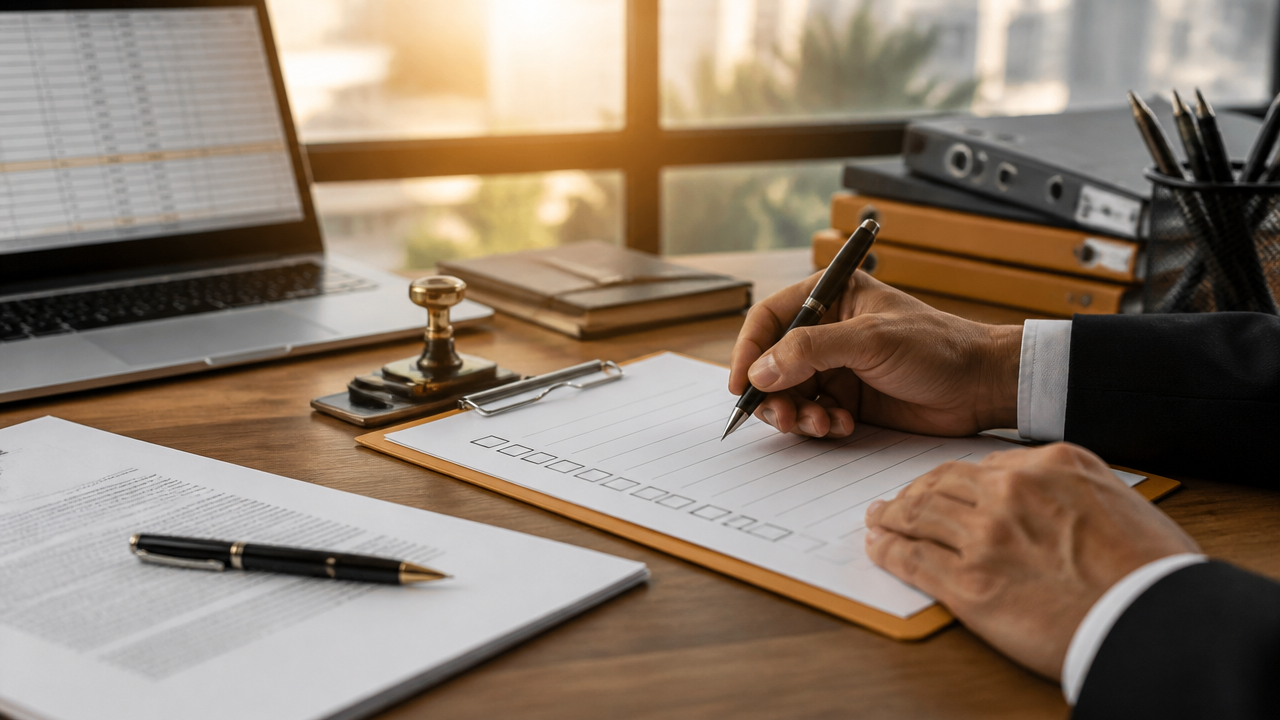 Documentos de compliance empresarial sendo revisados em escritório