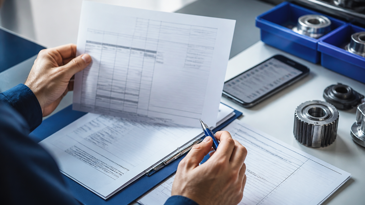 Documentos de orçamento e ordem de serviço analisados ao lado de peças de reposição