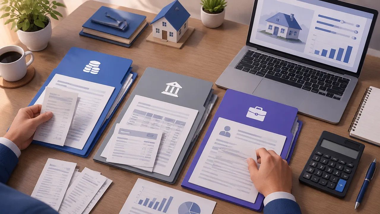 Documentos de renda e registros bancários organizados para preparar uma simulação de financiamento imobiliário