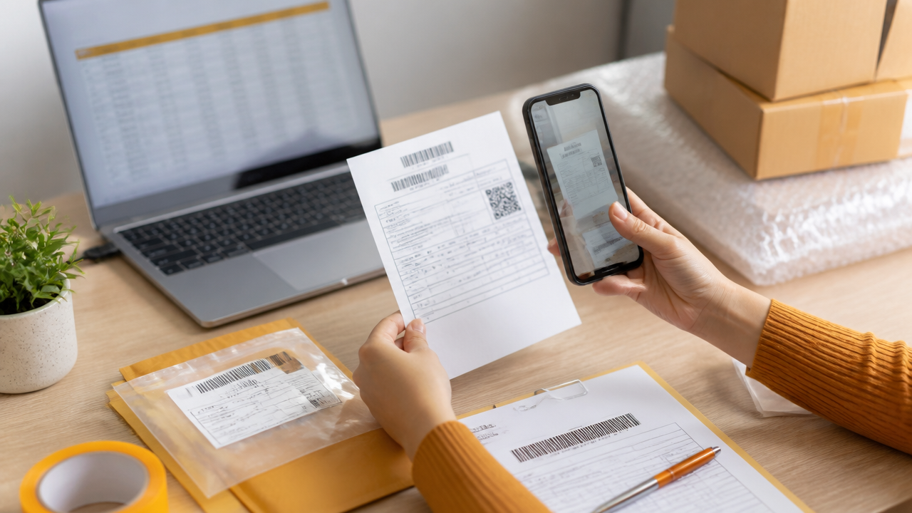 Documentos de vendas online, notas fiscais e comprovantes de postagem organizados como prova do prejuízo