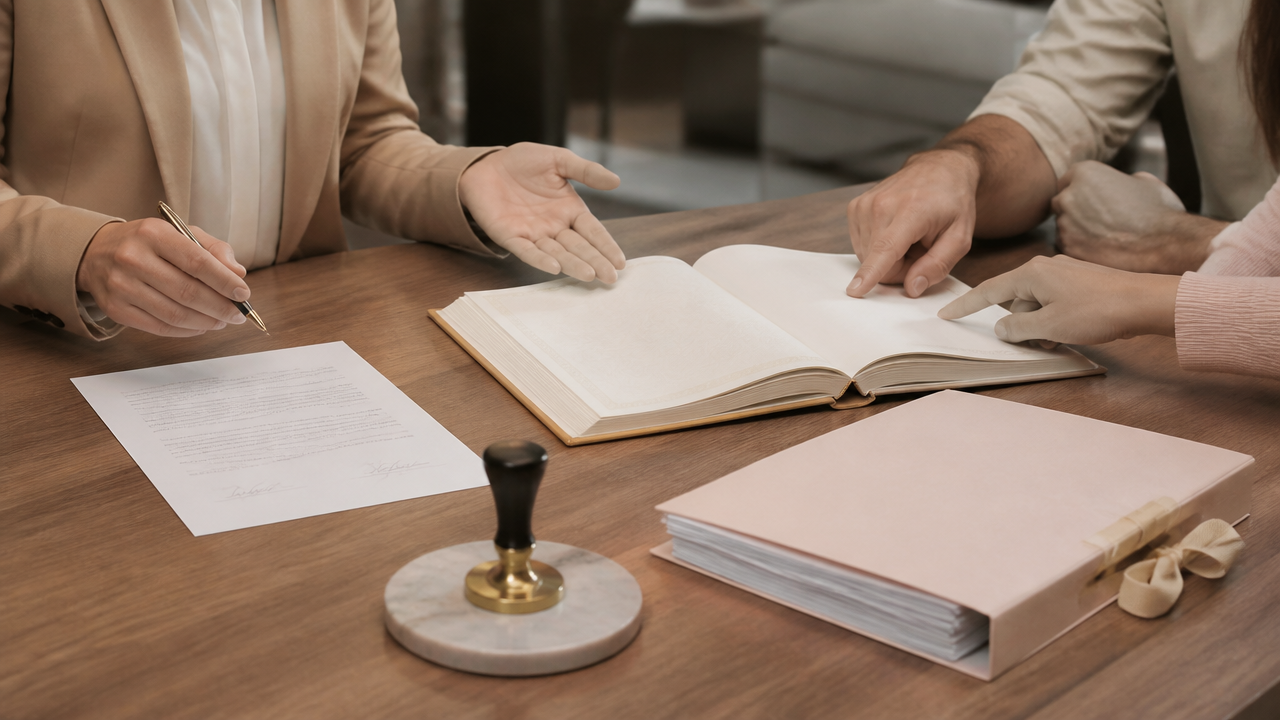 Documentos e atos cartorários organizados para explicar reconhecimento de firma, escritura pública e registro
