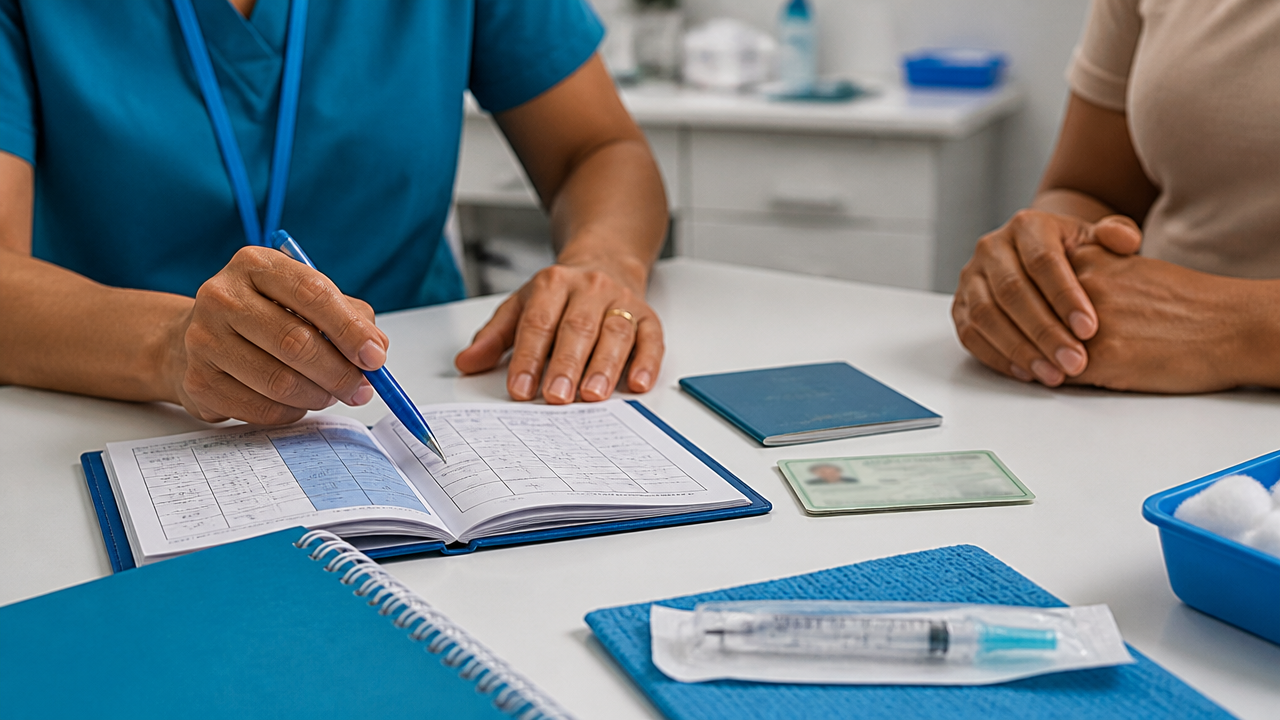 Documentos e caderneta organizados para tomar a vacina da gripe