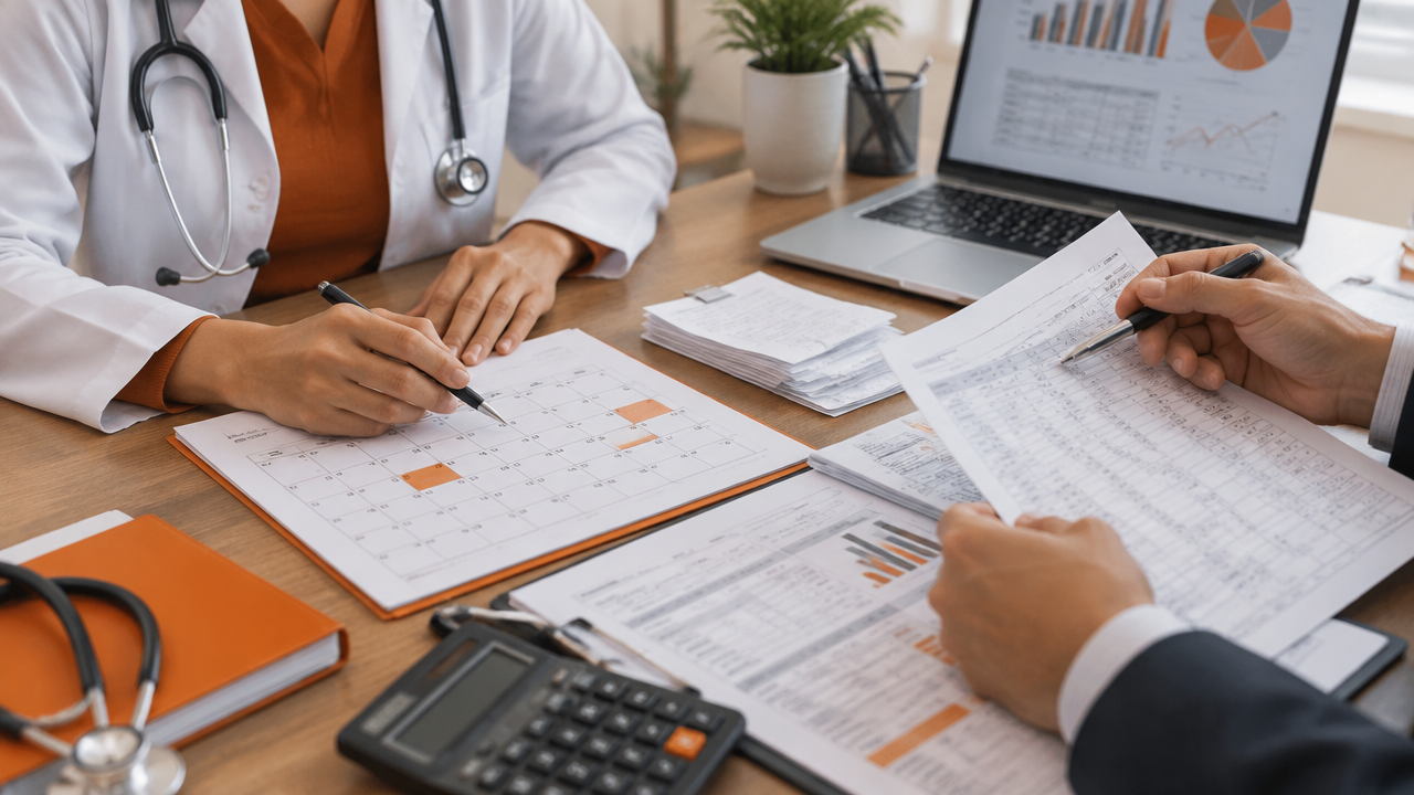 Documentos e calendário financeiro de uma clínica revisados por profissional da saúde e contador