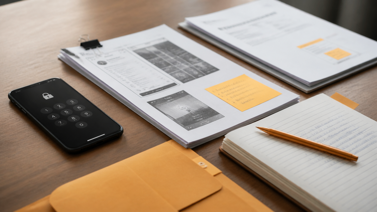 Documentos e celular reunidos para comprovar a titularidade de um perfil digital