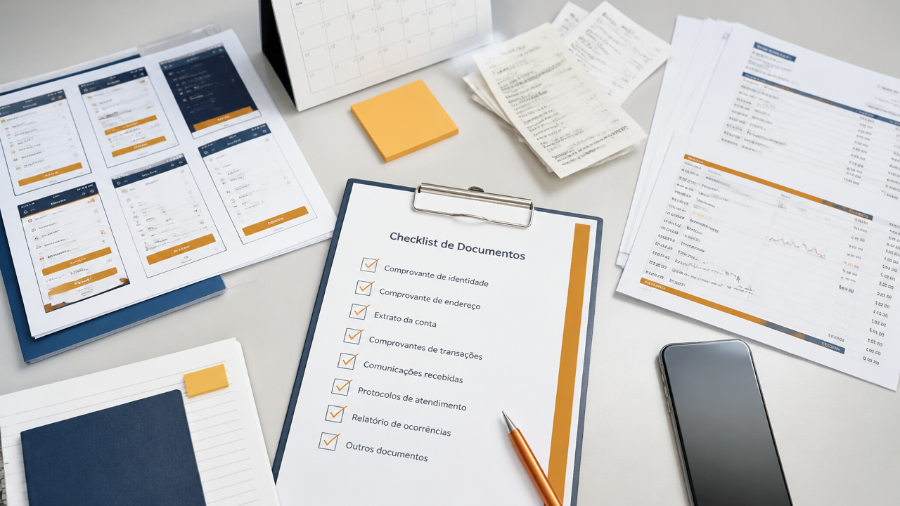 Documentos e checklist organizados para reunir provas de uma conta digital bloqueada.