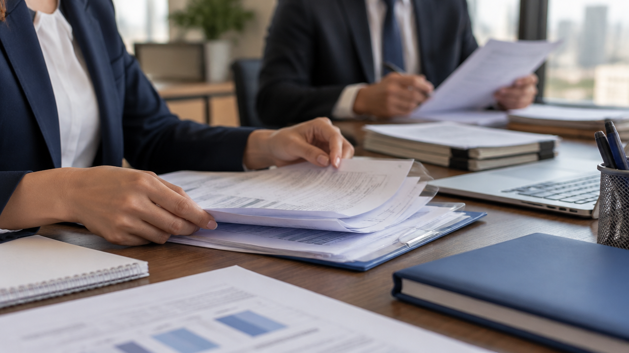 Documentos e comprovantes organizados para preparar uma defesa fiscal administrativa