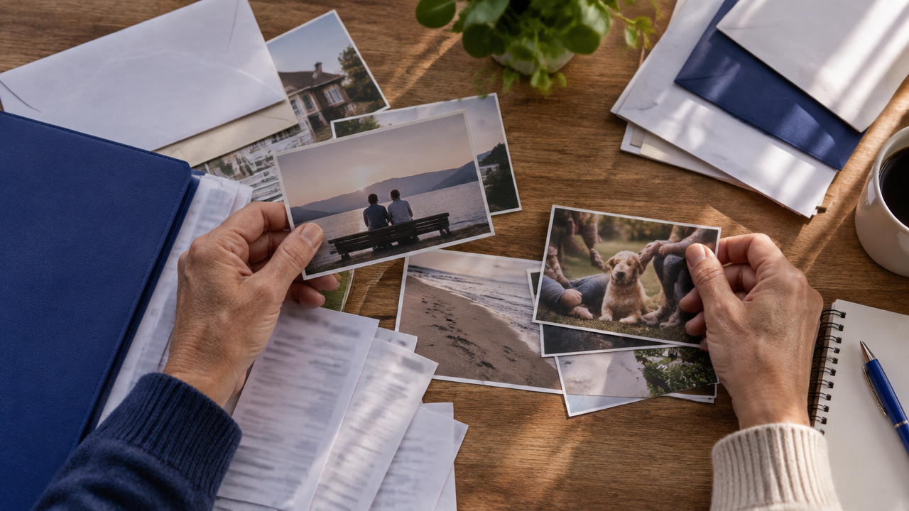 Documentos e fotografias organizados como provas de união estável e vida em comum