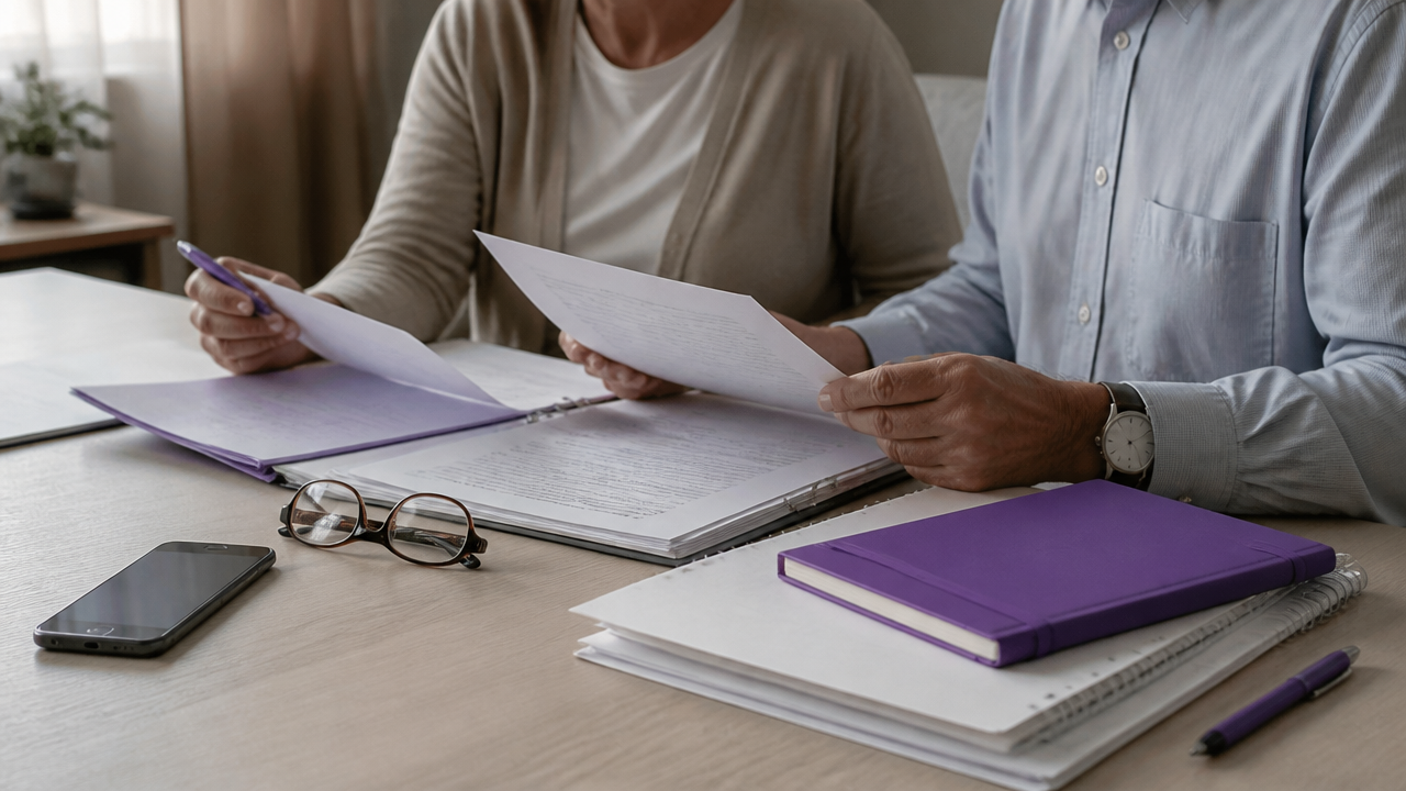Documentos e itens essenciais organizados sobre a mesa para resolver etapas após um falecimento.