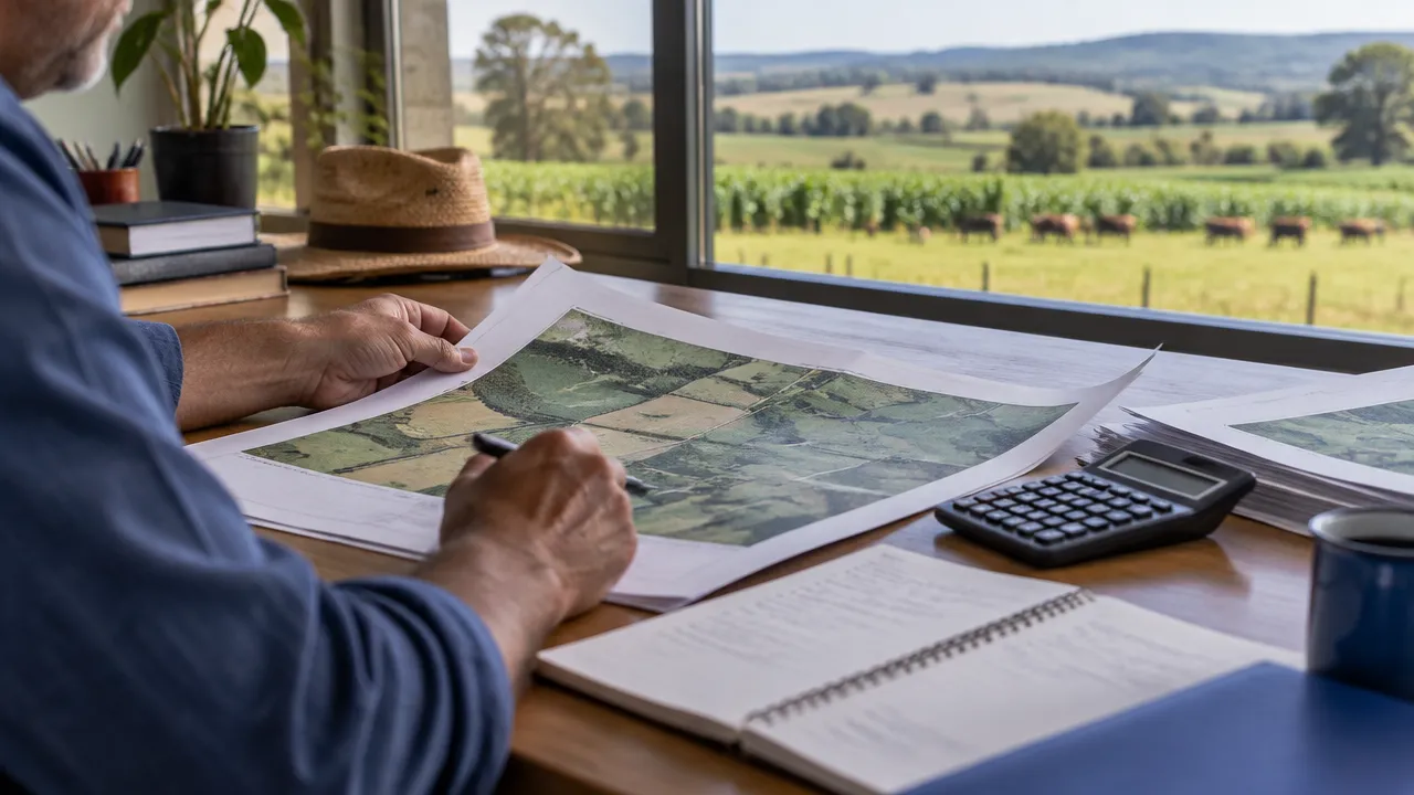 Documentos e mapa de uma propriedade rural sendo conferidos para calcular e declarar o ITR