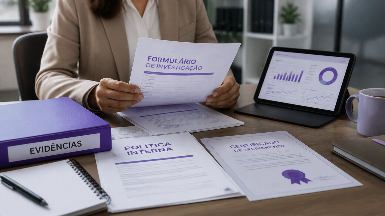 Documentos e painel digital organizados como evidências de auditoria de conformidade