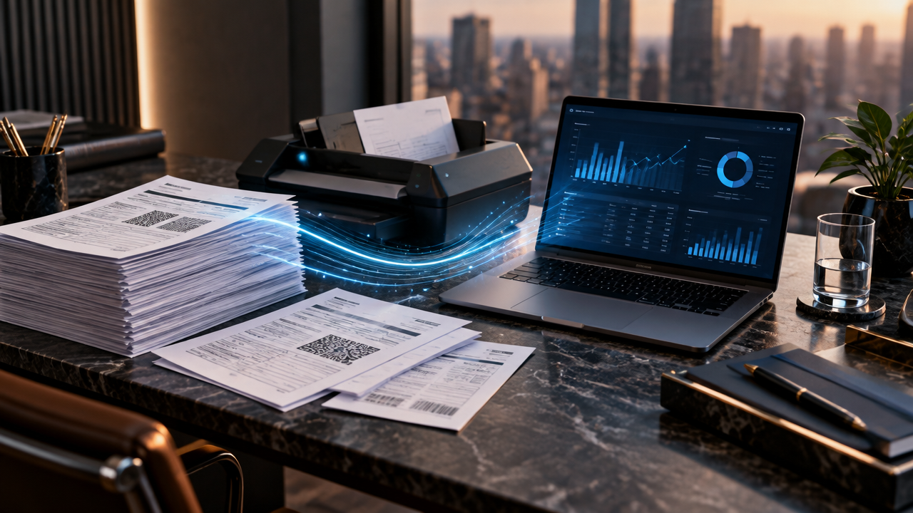 Documentos fiscais e dados digitais organizados para representar a automação da recuperação de créditos tributários