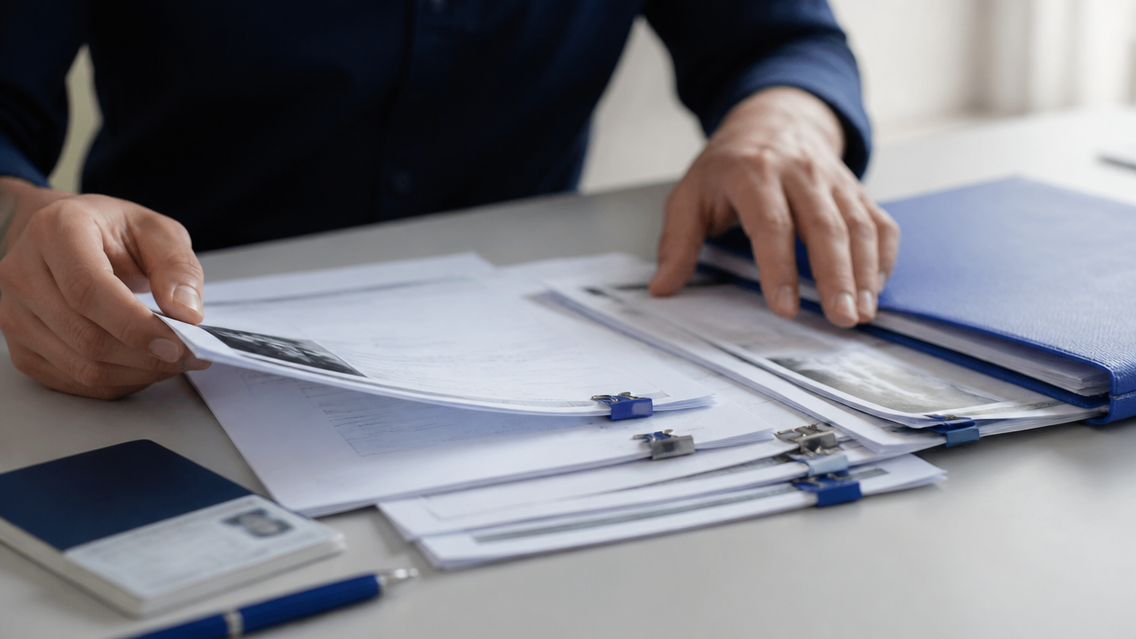 Documentos médicos e pessoais organizados sobre uma mesa para apresentação na perícia