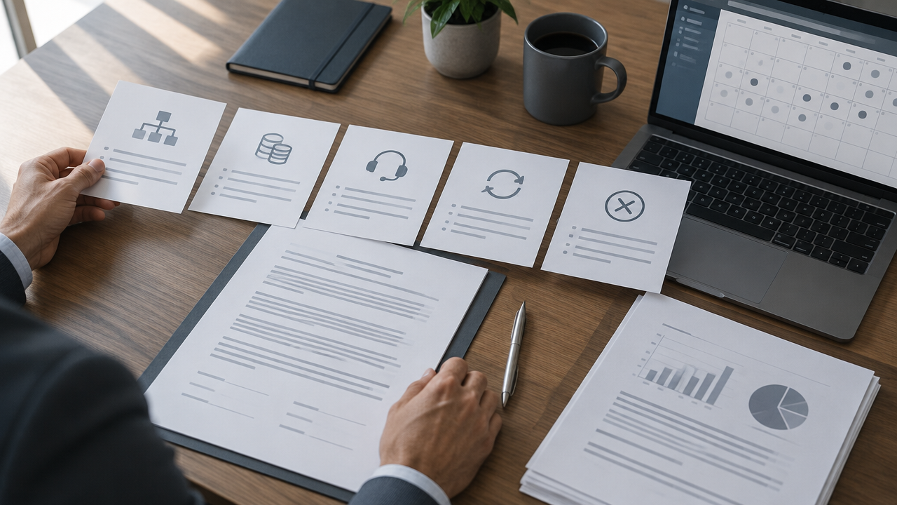 Documentos organizados em blocos para estruturar preço, suporte, renovação e cancelamento de um contrato SaaS