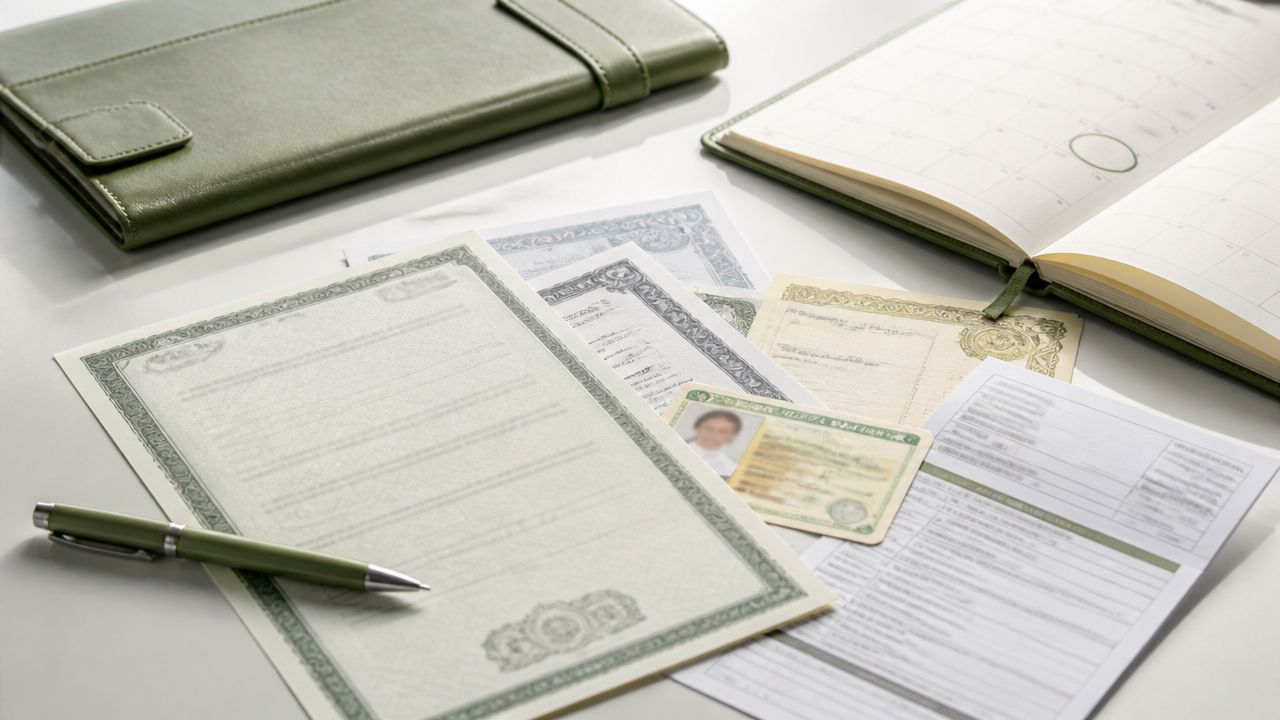 Documentos organizados para dar entrada no casamento civil sobre uma mesa clara