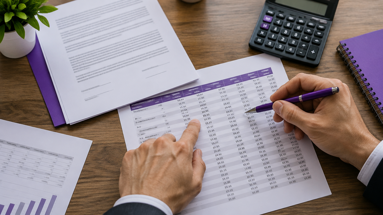 Documentos, planilha e calculadora usados para conferir juros, parcelas e saldo devedor de financiamento