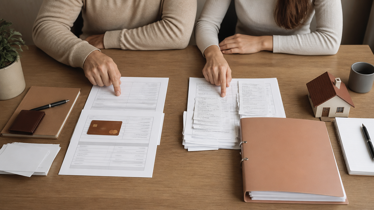 Documentos separados entre despesas pessoais e despesas da família sobre uma mesa