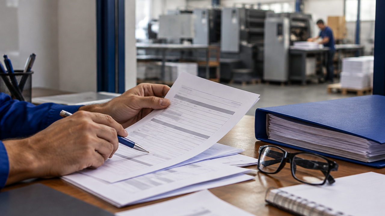 Documentos técnicos e registros de trabalho reunidos para comprovar exposição ocupacional em gráfica