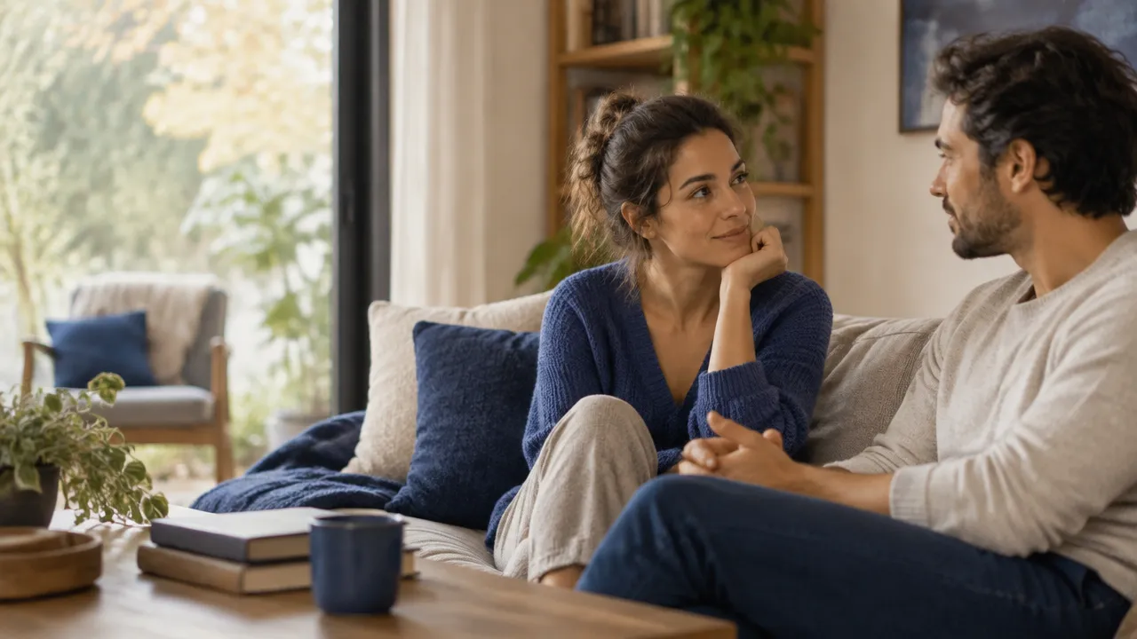 Dois adultos conversam com atenção em um ambiente acolhedor, simbolizando vínculo seguro e conexão emocional.