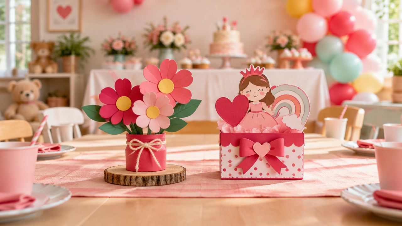 Dois centros de mesa para aniversário infantil, um artesanal e outro de kit pronto, lado a lado numa mesa decorada