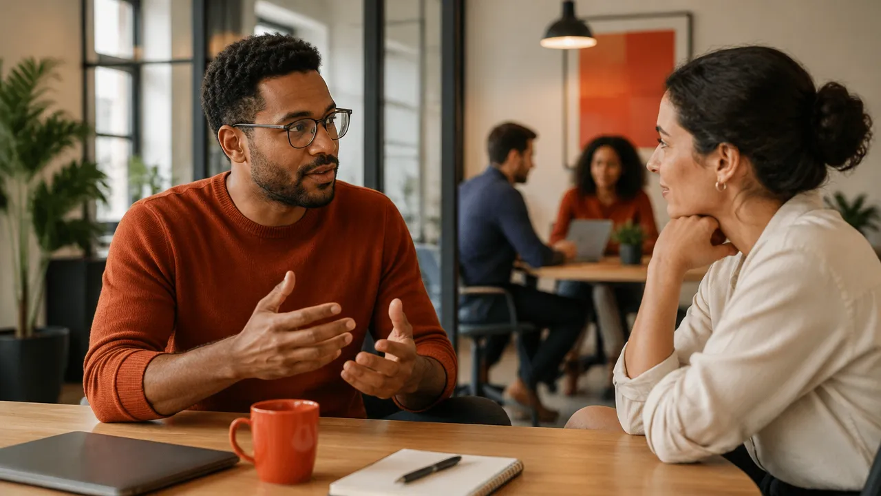 Dois colegas conversam com escuta atenta para compreender como suas experiências influenciam a colaboração.