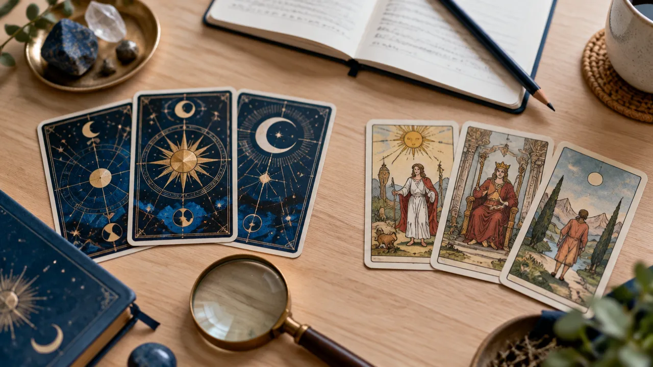 Dois estilos de cartas de Tarot lado a lado para comparar suas linguagens visuais