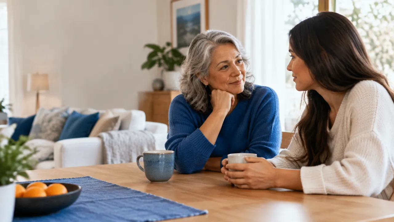 Dois familiares adultos conversam com calma mantendo uma distância confortável, em uma imagem sobre limites emocionais e vínculos familiares.