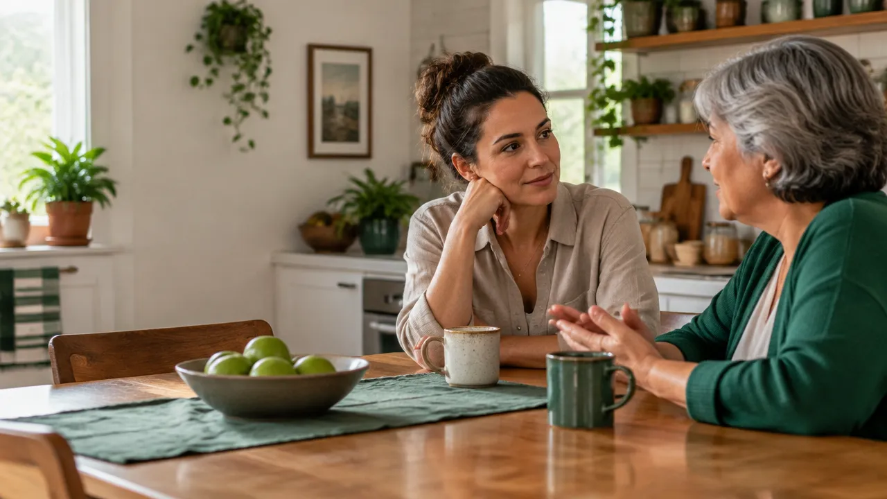 Dois familiares conversam com calma à mesa enquanto estabelecem limites emocionais mais claros