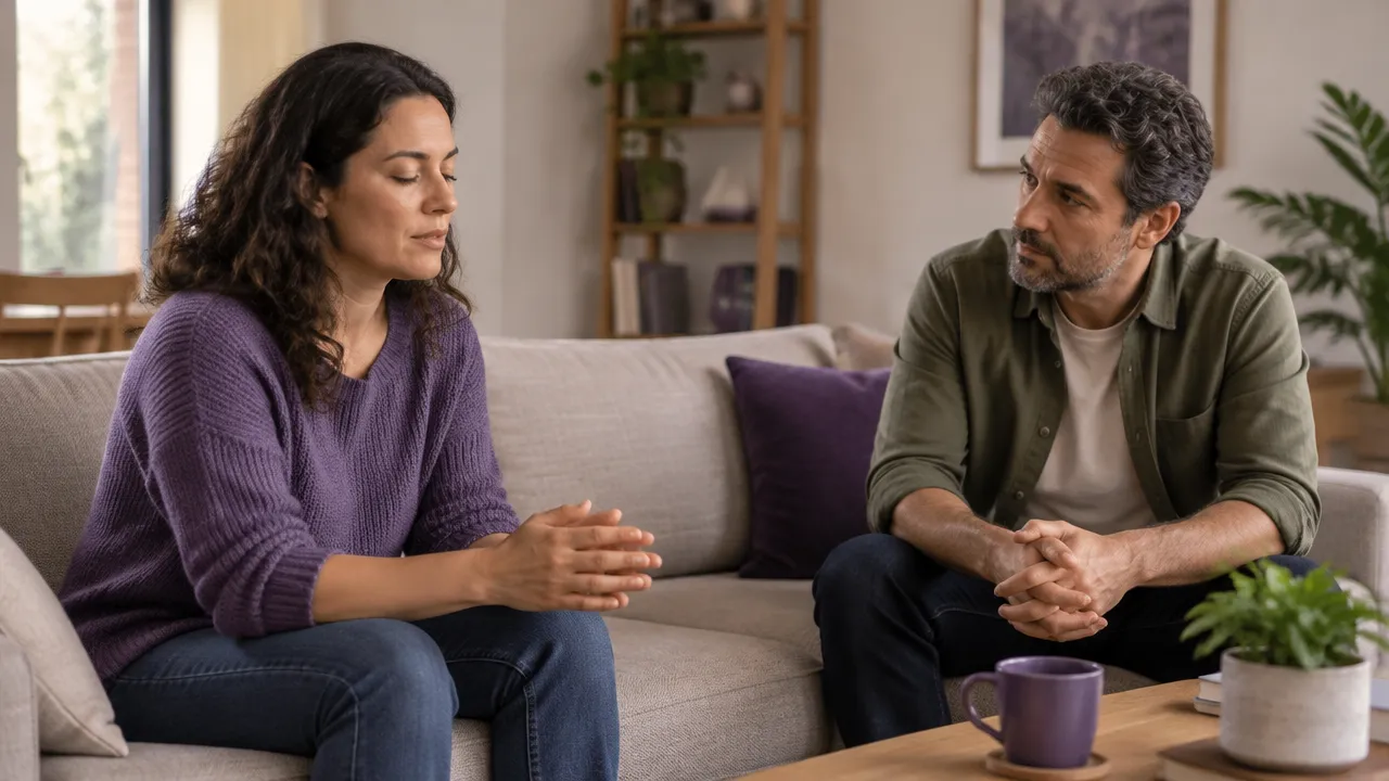 Dois familiares fazem uma pausa consciente durante uma conversa difícil na sala de estar