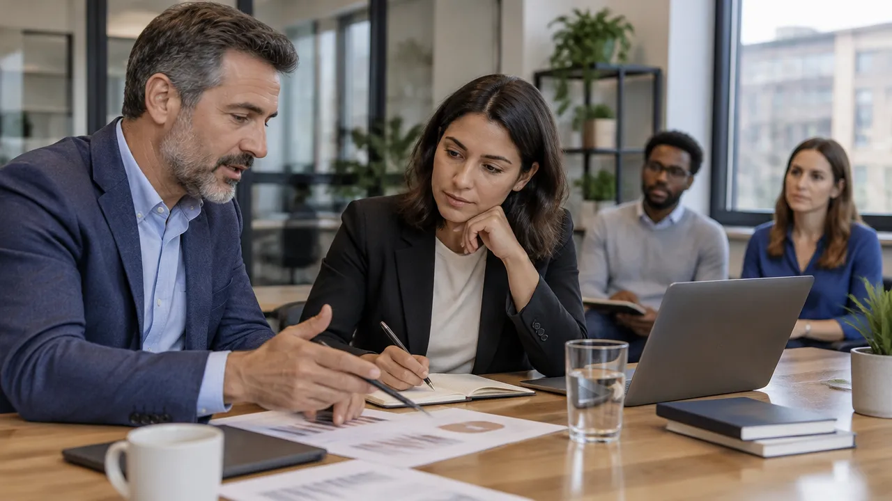 Dois gestores alinham prioridades e apresentam contatos durante uma transição de liderança