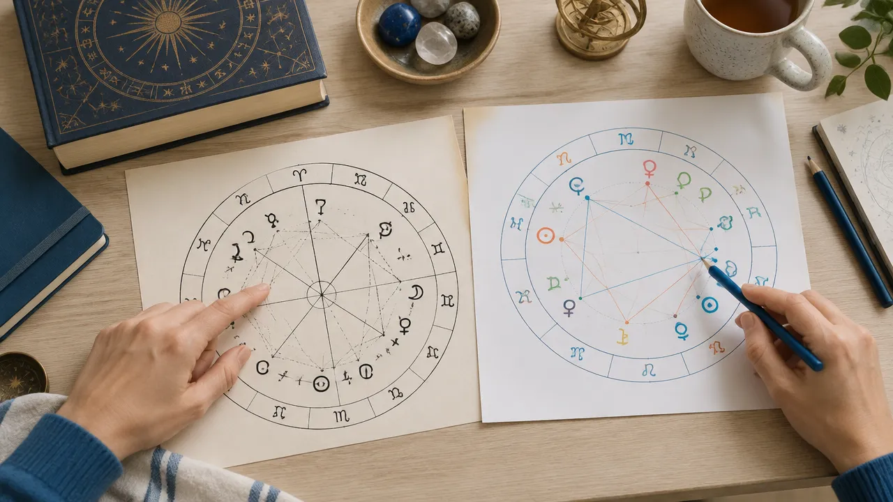 Dois mapas natais comparados durante um estudo de astrologia tradicional e moderna
