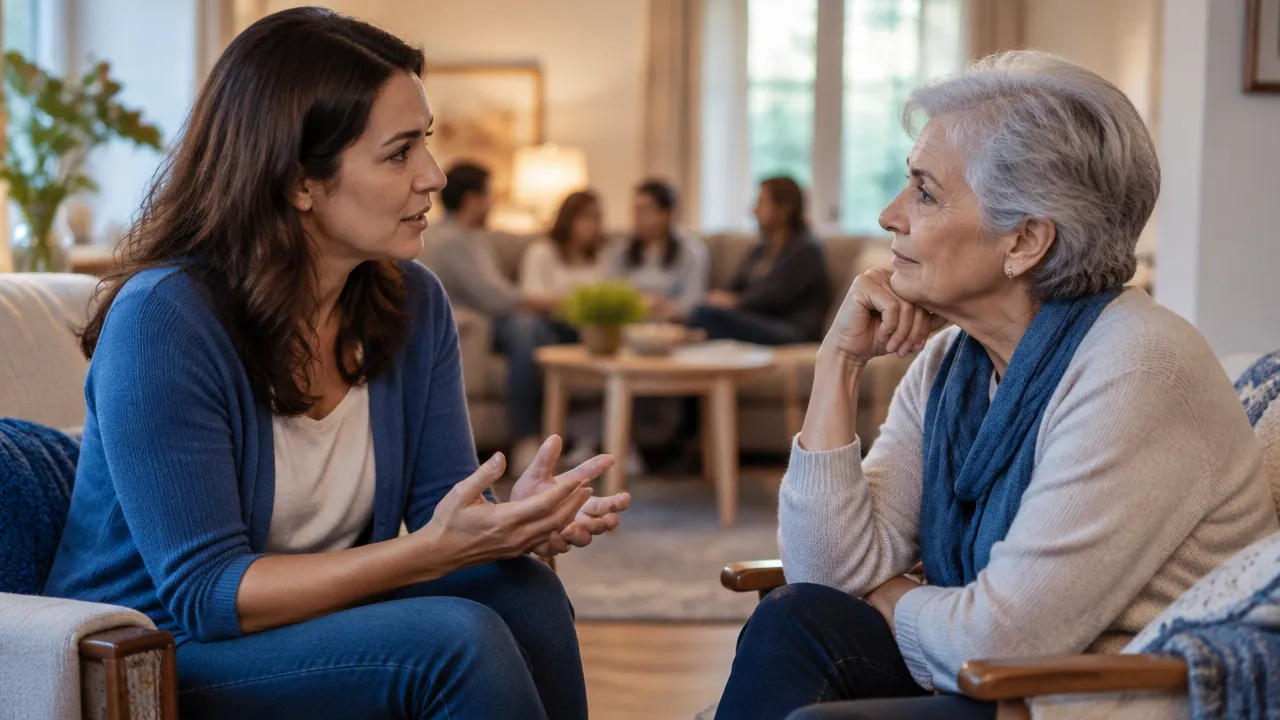 Dois parentes de gerações diferentes conversam com atenção e postura aberta em um ambiente tranquilo.