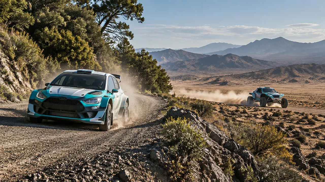 Dois tipos de prova de rally: carro em trecho fechado de cascalho e veículo off-road em paisagem árida