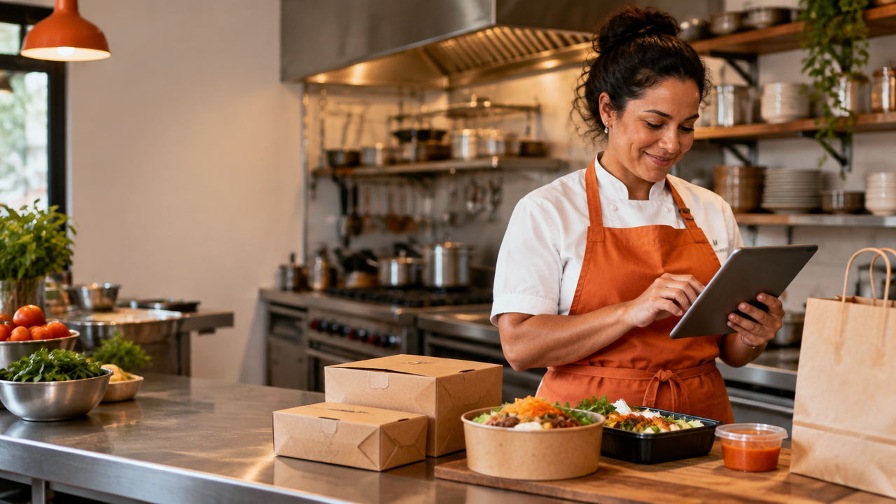 Dona de restaurante analisa pedidos de delivery em uma cozinha profissional já equipada