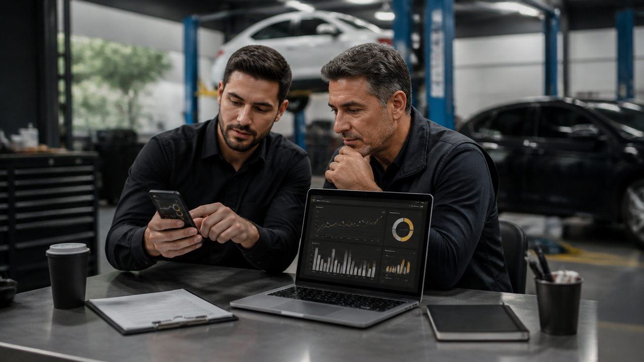 Dono de oficina e consultor analisando anúncios digitais em uma oficina moderna