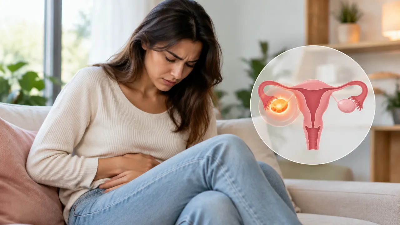 Mulher adulta apoiando a mão no baixo ventre ao perceber desconforto pélvico durante o ciclo menstrual