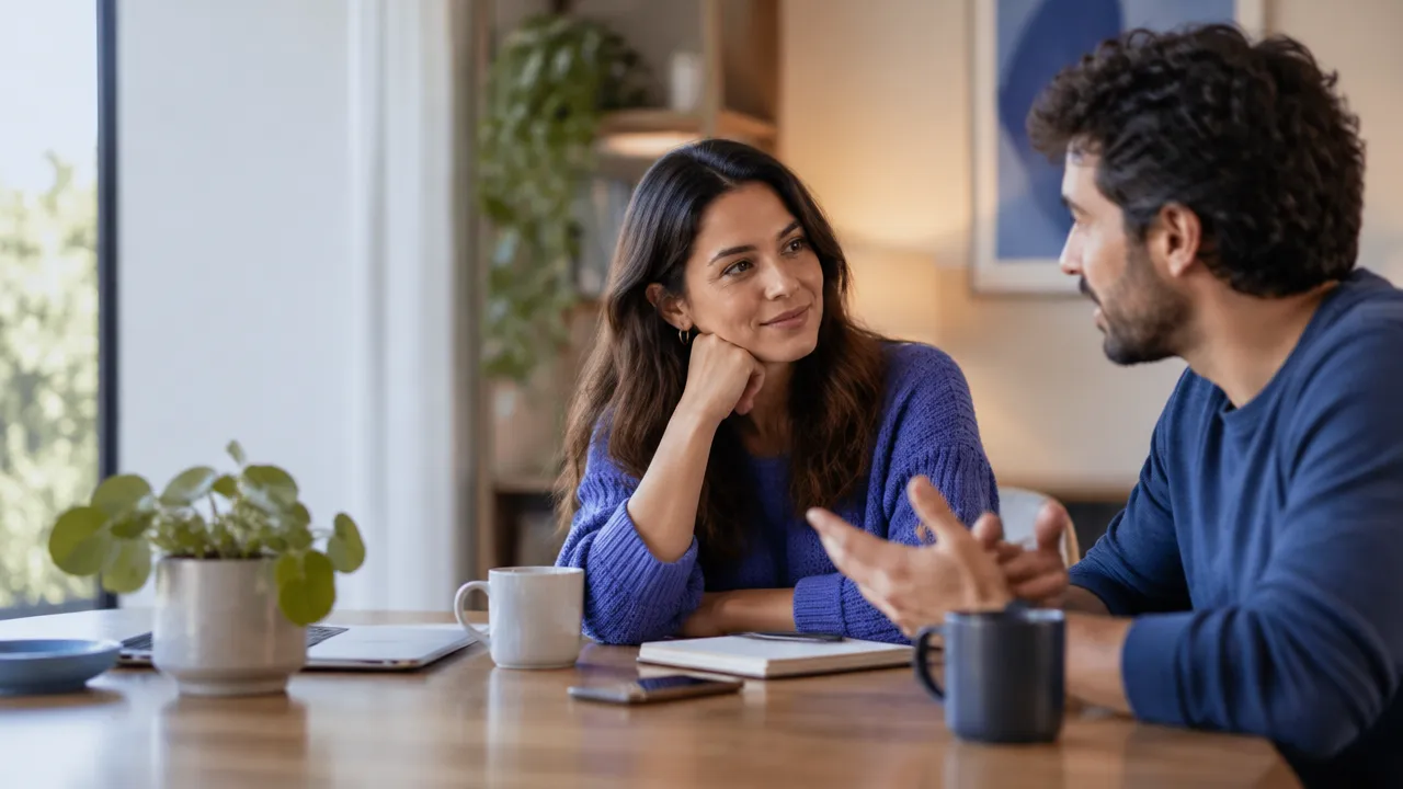Dos adultos conversan con atención y expresan sus emociones en un ambiente tranquilo