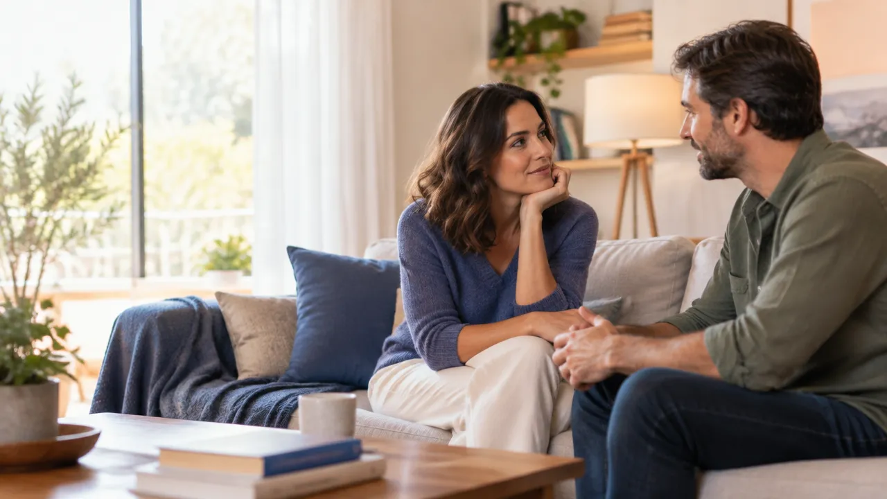 Dos adultos conversan con calma en un salón luminoso, representando la seguridad y la conexión en las relaciones.