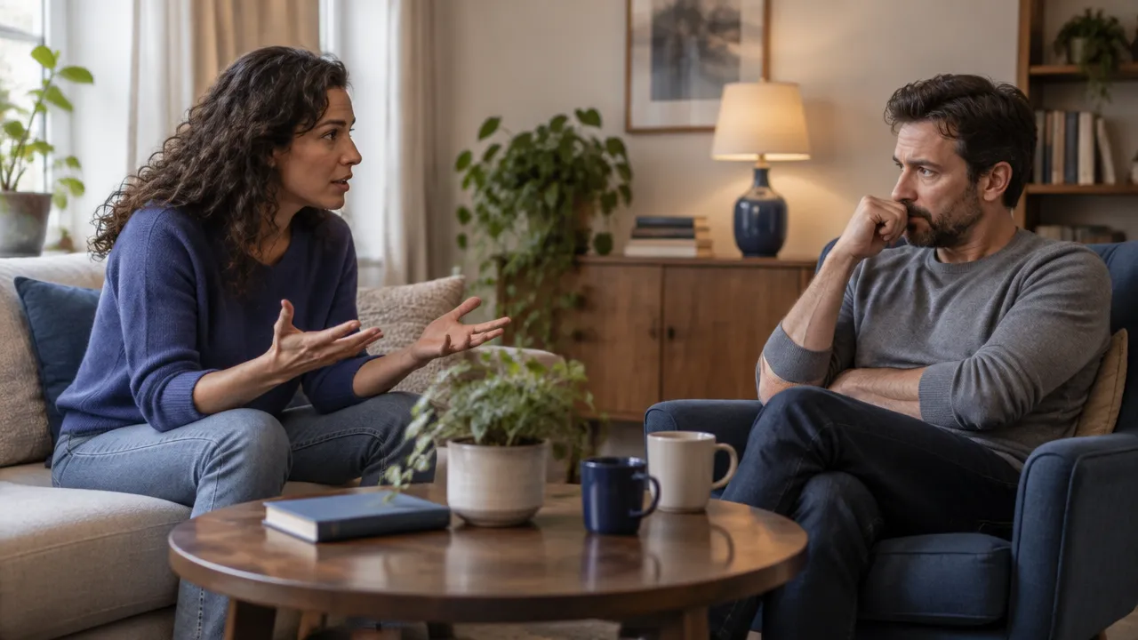Dos adultos conversan con tensión contenida, ejemplo de cómo las reacciones mutuas forman un ciclo relacional