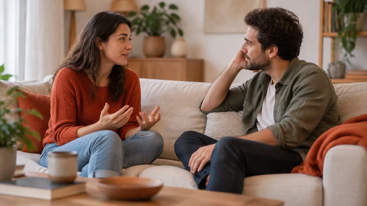 Dos adultos se escuchan con atención durante una conversación emocional en un espacio tranquilo.