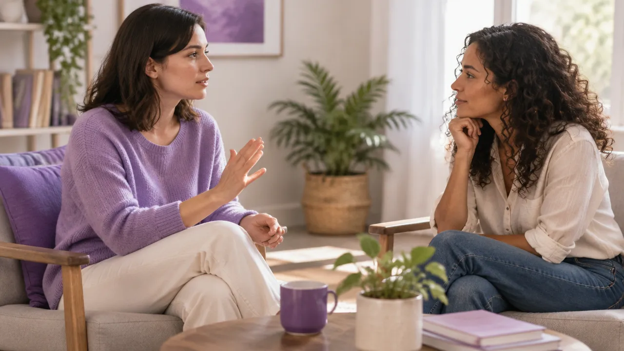 Dos amigas conversan con calma mientras una expresa sus límites y la otra escucha con respeto