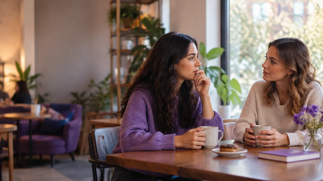 Dos amigas conversan en una cafetería mientras una reflexiona sobre la cercanía y la confianza en su relación.