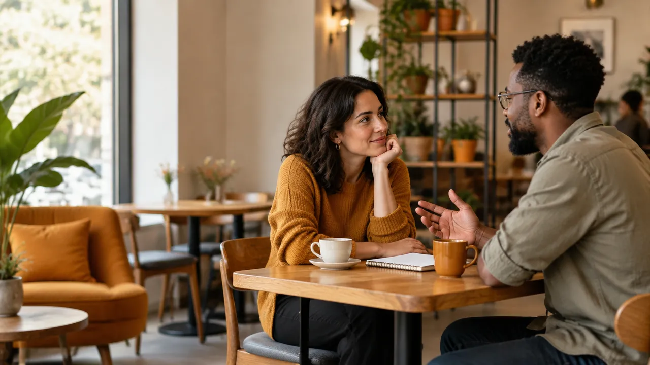 Dos amigos conversan con atención en una cafetería tranquila, ilustrando acuerdos conscientes para cuidar una amistad duradera.