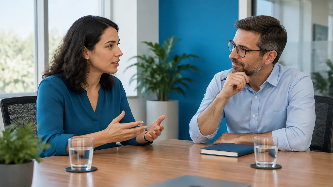 Dos colegas conversan con empatía sobre la carga laboral y la necesidad de apoyo