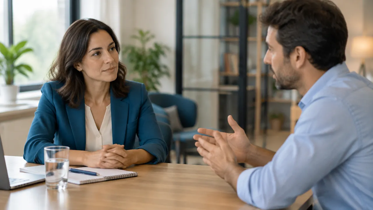 Dos colegas hacen una pausa y se escuchan antes de responder durante una conversación difícil