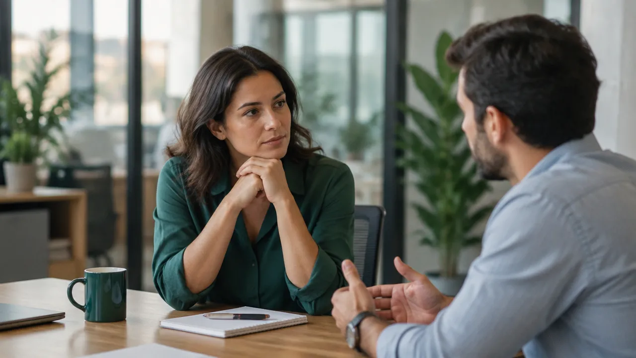Dos colegas mantienen una conversación tensa mientras una persona hace una pausa consciente antes de responder