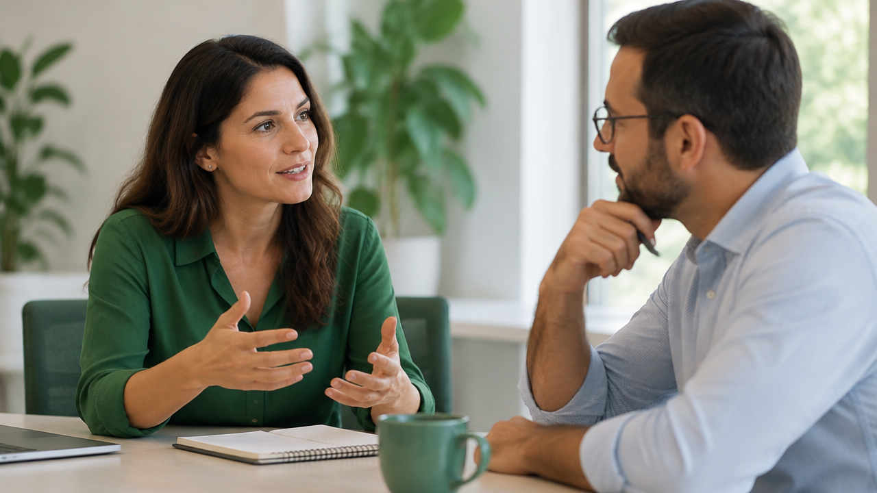 Dos colegas practican la escucha activa en una conversación de trabajo.