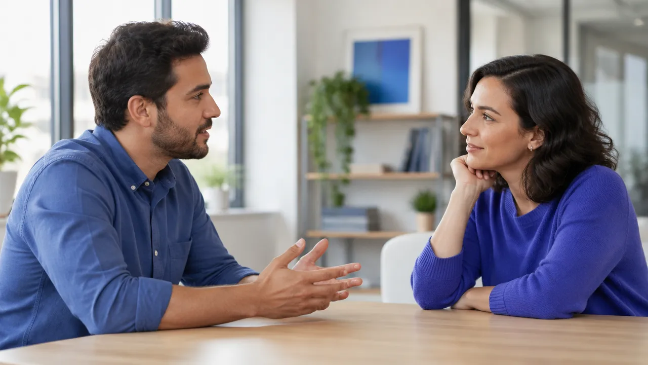 Dos compañeros practican la escucha atenta en una conversación respetuosa