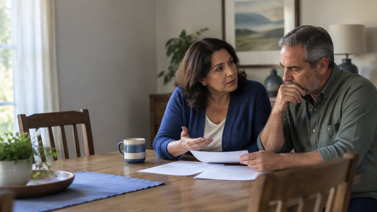 Dos familiares conversan con calma mientras revisan juntos decisiones pendientes durante un duelo.