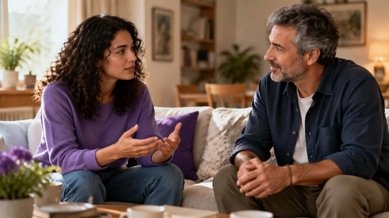 Dos familiares conversan con calma y atención para abordar una situación de exclusión y reconstruir el vínculo.