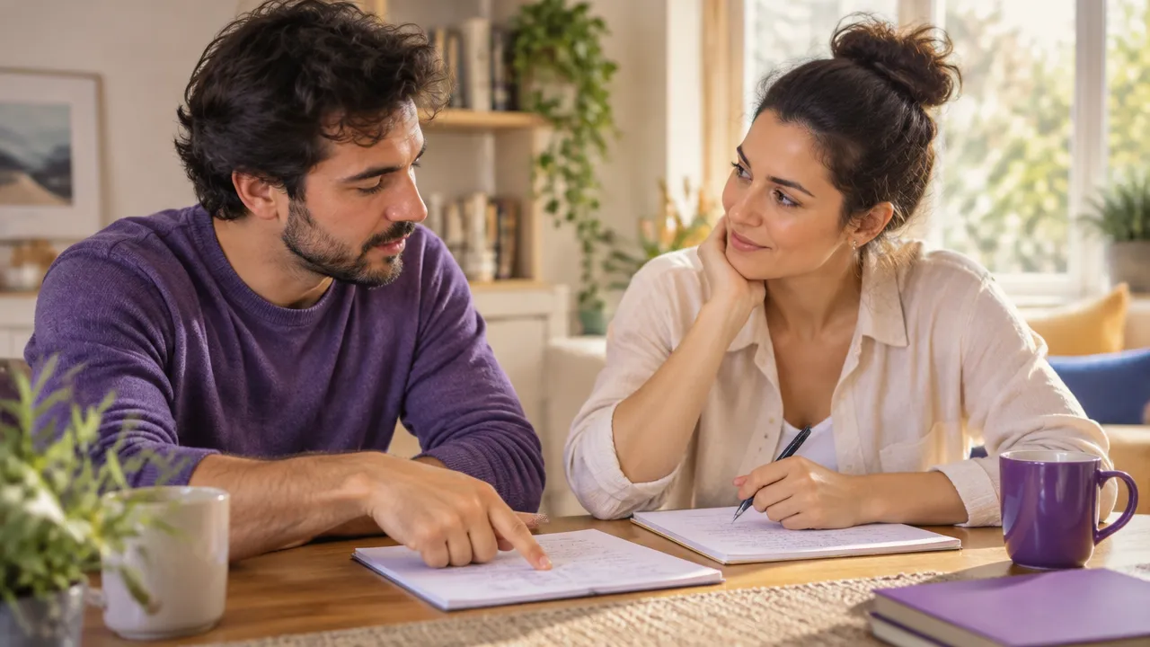 Dos miembros de una pareja anotan y conversan sobre las expectativas que aprendieron en sus familias